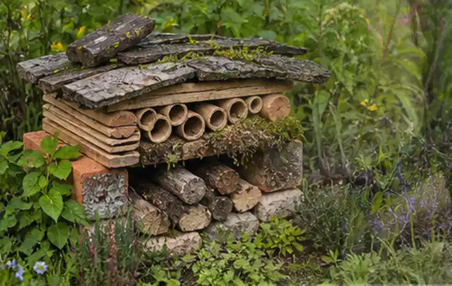 Naturnaher Unterschlupf aus Holz Rinde und Pflanzenstängeln im Garten; Thema Rankpflanzen als Sichtschutz, Schwerpunkt Winterschutz; Kontrolle.