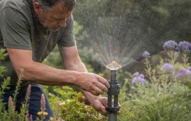 Person richtet einen laufenden Gartensprenger zwischen Stauden präzise aus; Thema Rasen, Schwerpunkt Themenwelt; Umsetzung.