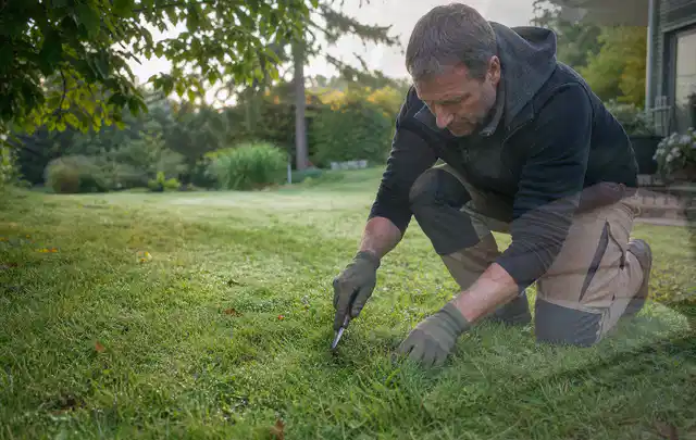 Person prüft den Boden einer gepflegten Rasenfläche im Garten; Thema Rasendünger, Schwerpunkt Bodenpflege; Ergebnis.