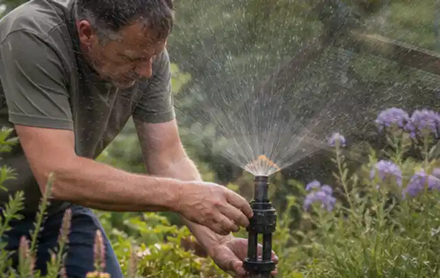Person richtet einen laufenden Gartensprenger zwischen Stauden präzise aus; Thema Rasendünger, Schwerpunkt Bodenpflege; Praxisalltag.