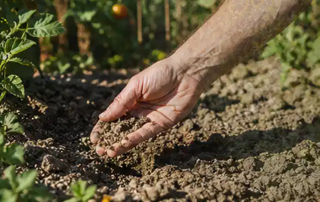 Hand prüft trockene krümelige Gartenerde während einer warmen Sommerphase; Thema Rasendünger, Schwerpunkt Checkliste; Ausgangslage.
