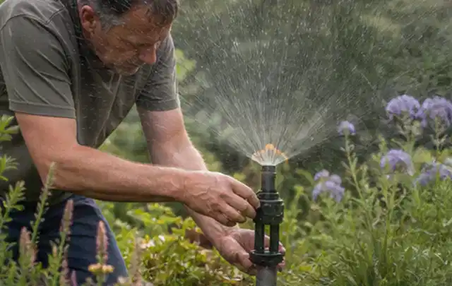 Person richtet einen laufenden Gartensprenger zwischen Stauden präzise aus; Thema Rasendünger, Schwerpunkt Checkliste; Kontrolle.