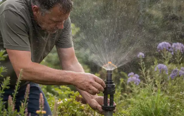 Person richtet einen laufenden Gartensprenger zwischen Stauden präzise aus; Thema Rasendünger, Schwerpunkt Einsteigerwissen; Kontrolle.