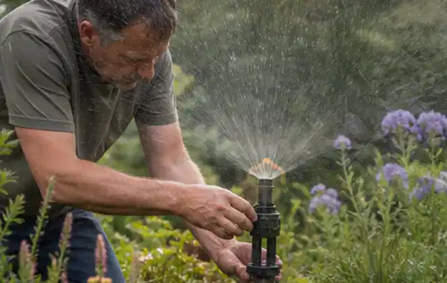 Person richtet einen laufenden Gartensprenger zwischen Stauden präzise aus; Thema Rasendünger, Schwerpunkt Fehlerhilfe; Ausgangslage.