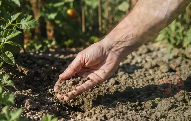 Hand prüft trockene krümelige Gartenerde während einer warmen Sommerphase; Thema Rasendünger, Schwerpunkt Fehlerhilfe; Umsetzung.