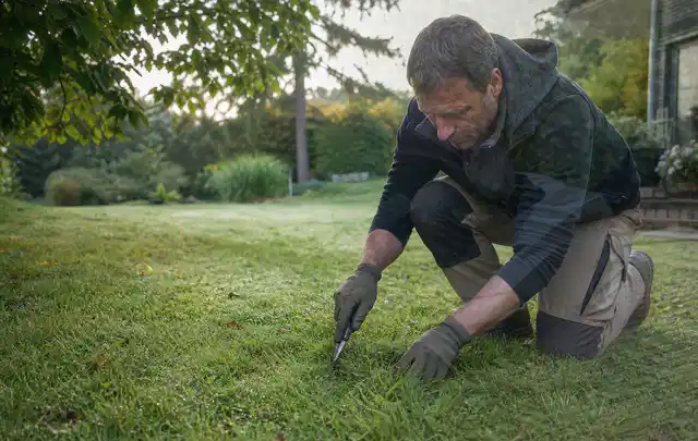 Person prüft den Boden einer gepflegten Rasenfläche im Garten; Thema Rasendünger, Schwerpunkt Fehlerhilfe; Praxisalltag.