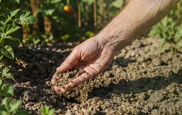 Hand prüft trockene krümelige Gartenerde während einer warmen Sommerphase; Thema Rasendünger, Schwerpunkt Herbstpflege; Ausgangslage.