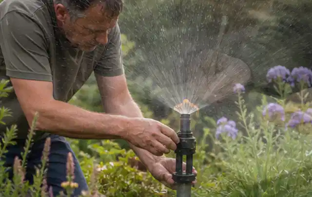 Person richtet einen laufenden Gartensprenger zwischen Stauden präzise aus; Thema Rasendünger, Schwerpunkt Herbstpflege; Ergebnis.