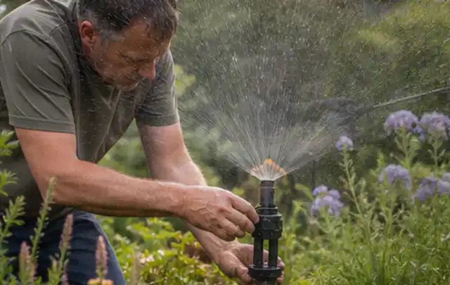 Person richtet einen laufenden Gartensprenger zwischen Stauden präzise aus; Thema Rasendünger, Schwerpunkt Hitzeschutz; Kontrolle.