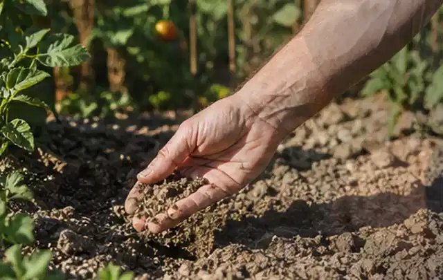 Hand prüft trockene krümelige Gartenerde während einer warmen Sommerphase; Thema Rasendünger, Schwerpunkt Hitzeschutz; Praxisalltag.
