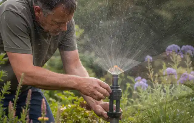 Person richtet einen laufenden Gartensprenger zwischen Stauden präzise aus; Thema Rasendünger, Schwerpunkt Kosten; Kontrolle.