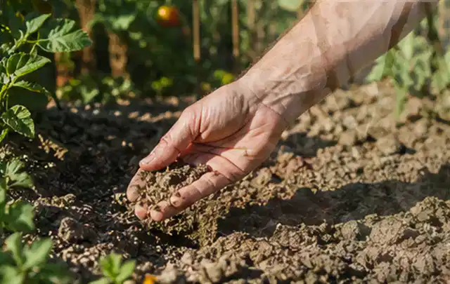 Hand prüft trockene krümelige Gartenerde während einer warmen Sommerphase; Thema Rasendünger, Schwerpunkt Kosten; Ergebnis.