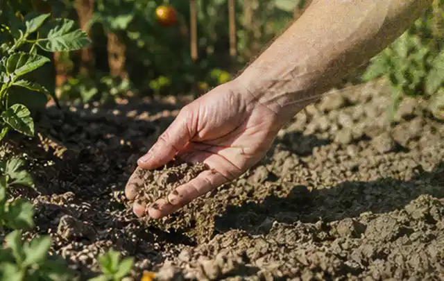Hand prüft trockene krümelige Gartenerde während einer warmen Sommerphase; Thema Rasendünger, Schwerpunkt Rasen; Ausgangslage.