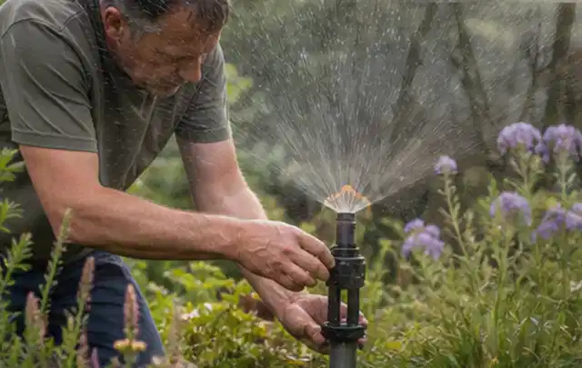 Person richtet einen laufenden Gartensprenger zwischen Stauden präzise aus; Thema Rasendünger, Schwerpunkt Rasen; Ergebnis.