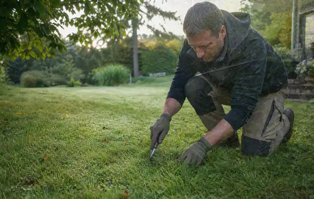 Person prüft den Boden einer gepflegten Rasenfläche im Garten; Thema Rasendünger, Schwerpunkt Rasenpflege; Ergebnis.