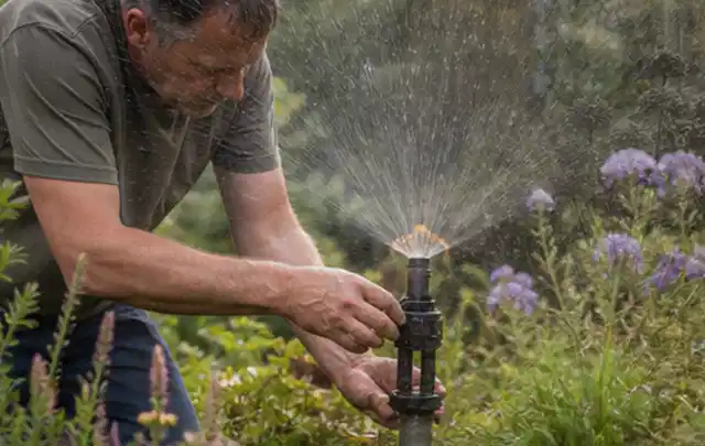 Person richtet einen laufenden Gartensprenger zwischen Stauden präzise aus; Thema Rasendünger, Schwerpunkt Sommerpflege; Ausgangslage.