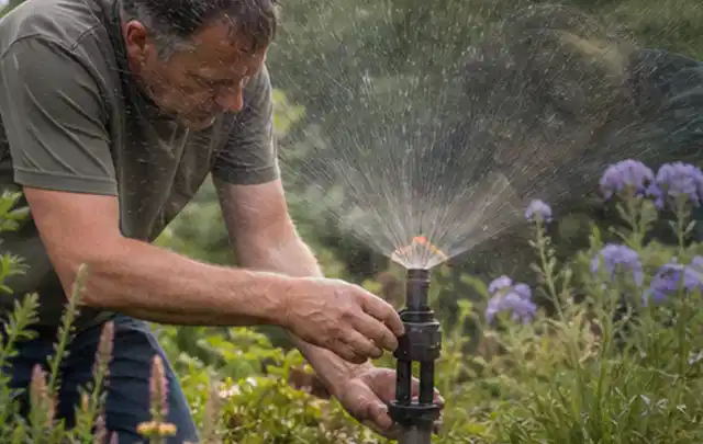 Person richtet einen laufenden Gartensprenger zwischen Stauden präzise aus; Thema Rasenkrankheiten, Schwerpunkt Bodenpflege; Kontrolle.
