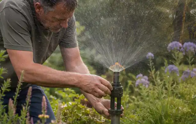 Person richtet einen laufenden Gartensprenger zwischen Stauden präzise aus; Thema Rasenkrankheiten, Schwerpunkt Checkliste; Ausgangslage.