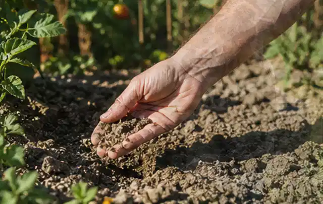 Hand prüft trockene krümelige Gartenerde während einer warmen Sommerphase; Thema Rasenkrankheiten, Schwerpunkt Checkliste; Ergebnis.