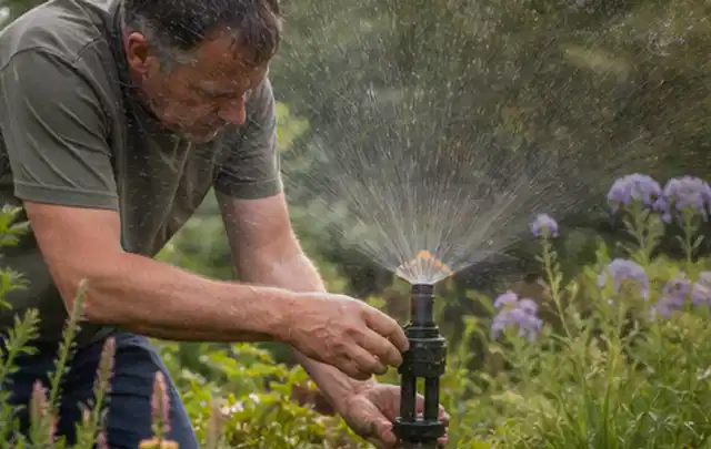 Person richtet einen laufenden Gartensprenger zwischen Stauden präzise aus; Thema Rasenkrankheiten, Schwerpunkt Einsteigerwissen; Umsetzung.