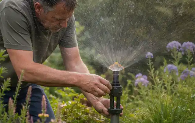 Person richtet einen laufenden Gartensprenger zwischen Stauden präzise aus; Thema Rasenkrankheiten, Schwerpunkt Fehlerhilfe; Ergebnis.