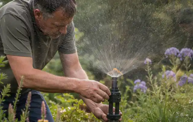 Person richtet einen laufenden Gartensprenger zwischen Stauden präzise aus; Thema Rasenkrankheiten, Schwerpunkt Frühjahr; Praxisalltag.