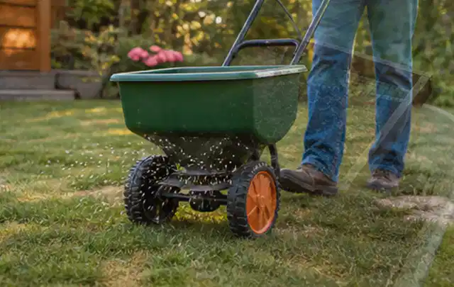 Person verteilt Rasensamen mit einem Streuwagen auf einer lückigen Fläche; Thema Rasenkrankheiten, Schwerpunkt Herbstpflege; Ergebnis.