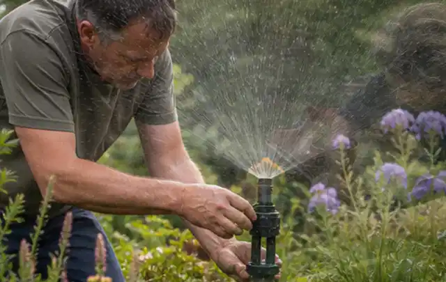 Person richtet einen laufenden Gartensprenger zwischen Stauden präzise aus; Thema Rasenkrankheiten, Schwerpunkt Herbstpflege; Praxisalltag.