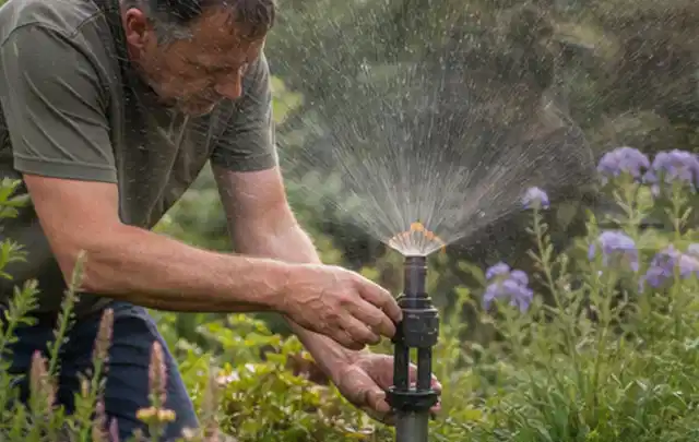 Person richtet einen laufenden Gartensprenger zwischen Stauden präzise aus; Thema Rasenkrankheiten, Schwerpunkt Rasen; Umsetzung.