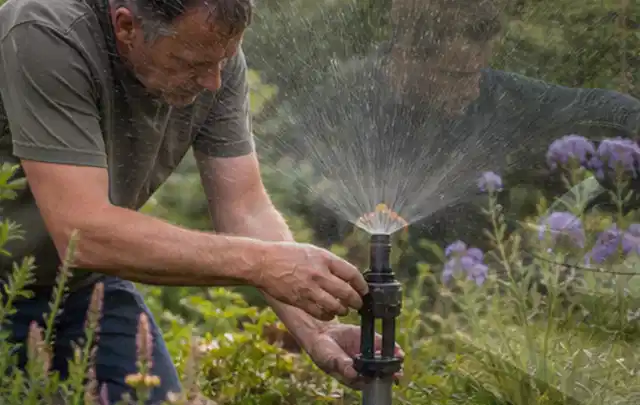 Person richtet einen laufenden Gartensprenger zwischen Stauden präzise aus; Thema Rasenkrankheiten, Schwerpunkt Rasenpflege; Ausgangslage.