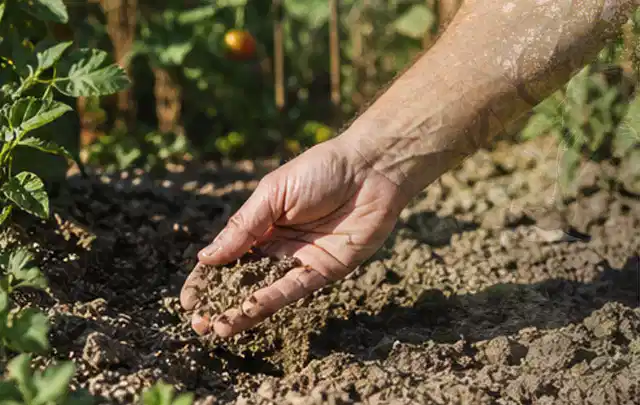Hand prüft trockene krümelige Gartenerde während einer warmen Sommerphase; Thema Rasenkrankheiten, Schwerpunkt Sommerpflege; Umsetzung.