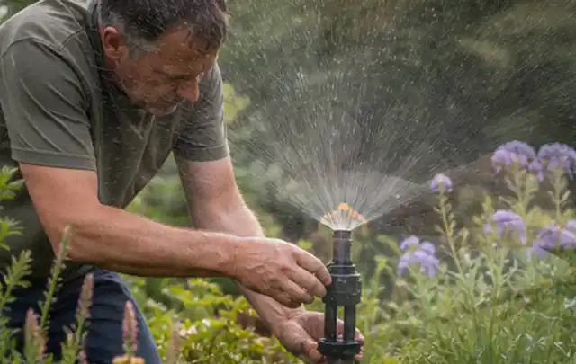 Person richtet einen laufenden Gartensprenger zwischen Stauden präzise aus; Thema Rasenkrankheiten, Schwerpunkt Winterpflege; Praxisalltag.