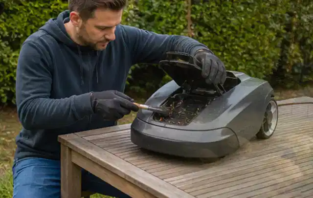 Person wartet einen geöffneten Mähroboter auf einem stabilen Gartentisch; Thema Rasenmäher, Schwerpunkt Bestenliste; Ergebnis.