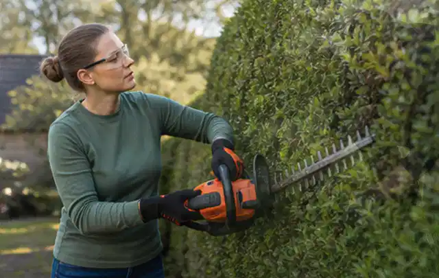 Person schneidet eine dichte Gartenhecke mit Schutzbrille und sicherem Stand; Thema Rasenmäher, Schwerpunkt Checkliste; Umsetzung.