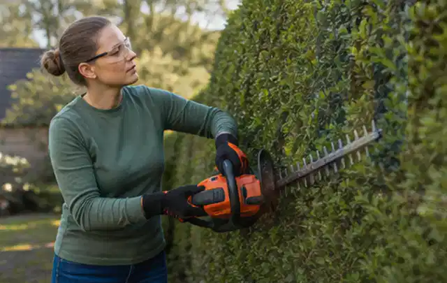 Person schneidet eine dichte Gartenhecke mit Schutzbrille und sicherem Stand; Thema Rasenmäher, Schwerpunkt Dimensionierung; Umsetzung.