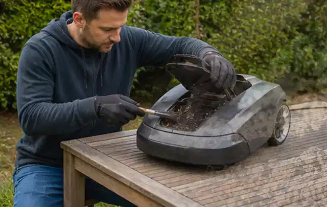 Person wartet einen geöffneten Mähroboter auf einem stabilen Gartentisch; Thema Rasenmäher, Schwerpunkt Dimensionierung; Praxisalltag.