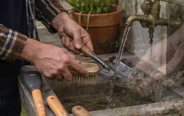 Hände reinigen gebrauchte Gartengeräte mit Bürste und Wasser am Außenbecken; Thema Rasenmäher, Schwerpunkt Fehlerhilfe; Ausgangslage.