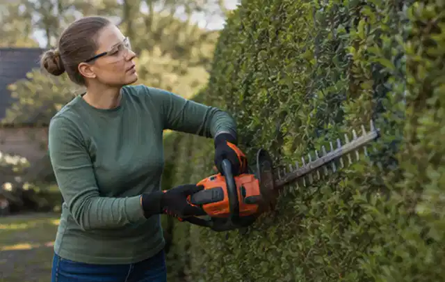 Person schneidet eine dichte Gartenhecke mit Schutzbrille und sicherem Stand; Thema Rasenmäher, Schwerpunkt Fehlerhilfe; Kontrolle.