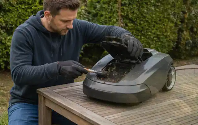 Person wartet einen geöffneten Mähroboter auf einem stabilen Gartentisch; Thema Rasenmäher, Schwerpunkt Fehlerhilfe; Ergebnis.