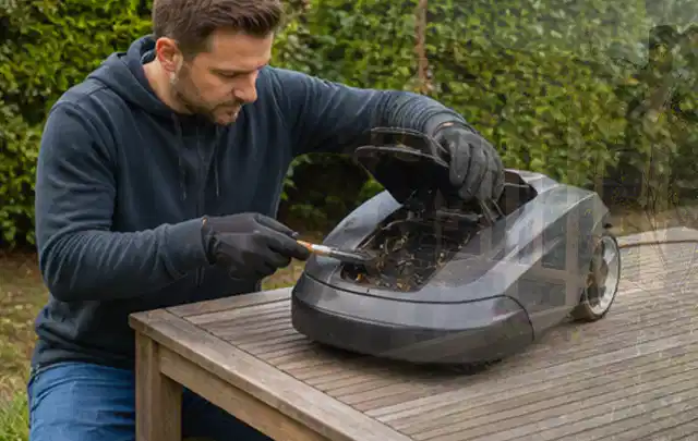 Person wartet einen geöffneten Mähroboter auf einem stabilen Gartentisch; Thema Rasenmäher, Schwerpunkt Gärten mit kleiner Fläche; Kontrolle.