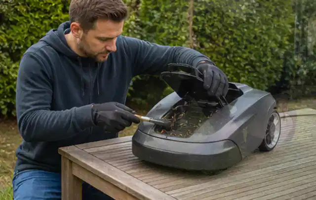 Person wartet einen geöffneten Mähroboter auf einem stabilen Gartentisch; Thema Rasenmäher, Schwerpunkt Gartengeräte; Ausgangslage.
