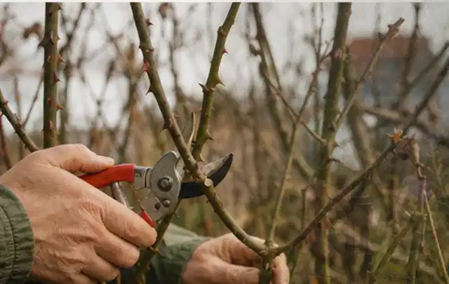 Hände schneiden einen älteren Rosenstrauch mit einer sauberen Gartenschere; Thema Rasenmäher, Schwerpunkt Kosten; Umsetzung.
