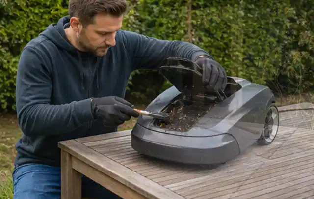 Person wartet einen geöffneten Mähroboter auf einem stabilen Gartentisch; Thema Rasenmäher, Schwerpunkt Leistung; Umsetzung.