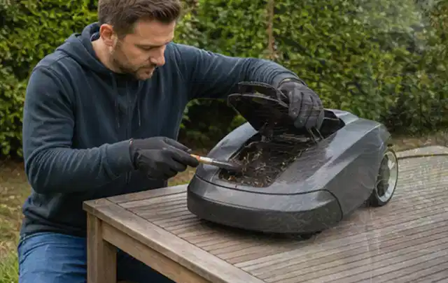 Person wartet einen geöffneten Mähroboter auf einem stabilen Gartentisch; Thema Rasenmäher, Schwerpunkt Nachhaltigkeit; Umsetzung.