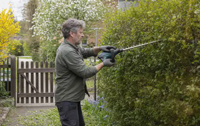 Person schneidet eine Gartenhecke mit einem motorisierten Gartengerät; Thema Rasenmäher, Schwerpunkt Reinigung; Ausgangslage.