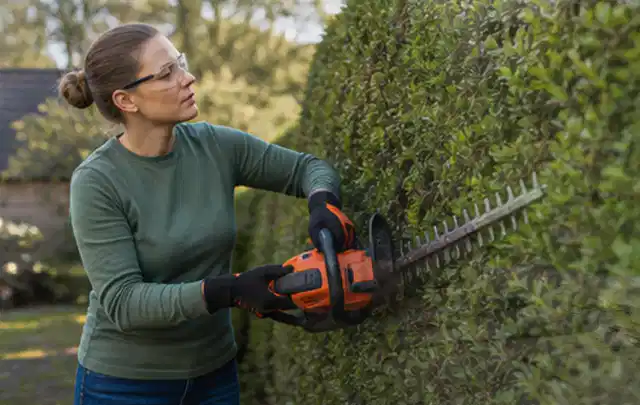 Person schneidet eine dichte Gartenhecke mit Schutzbrille und sicherem Stand; Thema Rasenmäher, Schwerpunkt Reparatur; Ausgangslage.