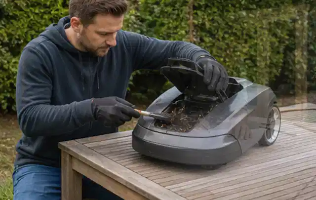 Person wartet einen geöffneten Mähroboter auf einem stabilen Gartentisch; Thema Rasenmäher, Schwerpunkt Sicherheit; Ausgangslage.