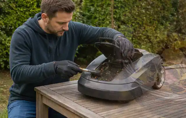 Person wartet einen geöffneten Mähroboter auf einem stabilen Gartentisch; Thema Rasenmäher, Schwerpunkt Winterlager; Praxisalltag.