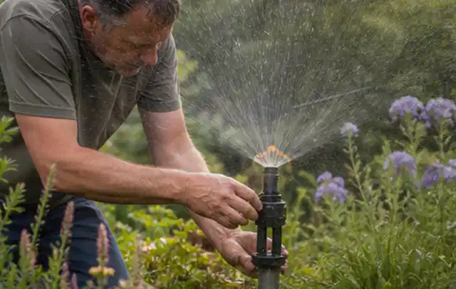 Person richtet einen laufenden Gartensprenger zwischen Stauden präzise aus; Thema Rasenmoos, Schwerpunkt Bodenpflege; Ergebnis.