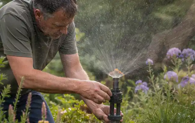 Person richtet einen laufenden Gartensprenger zwischen Stauden präzise aus; Thema Rasenmoos, Schwerpunkt Checkliste; Umsetzung.